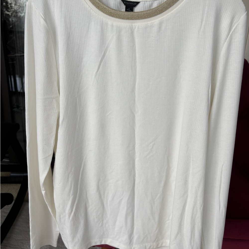 Ann Taylor Cream Long Sleeve Ribbed Tee with Metallic Trim